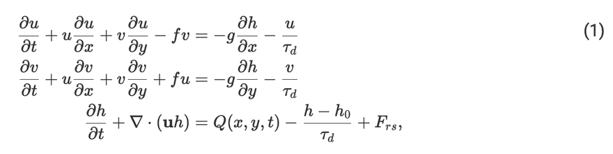 These are three equations that describe the Shallow water model in two dimensions with linear damping and a forcing term in the height field